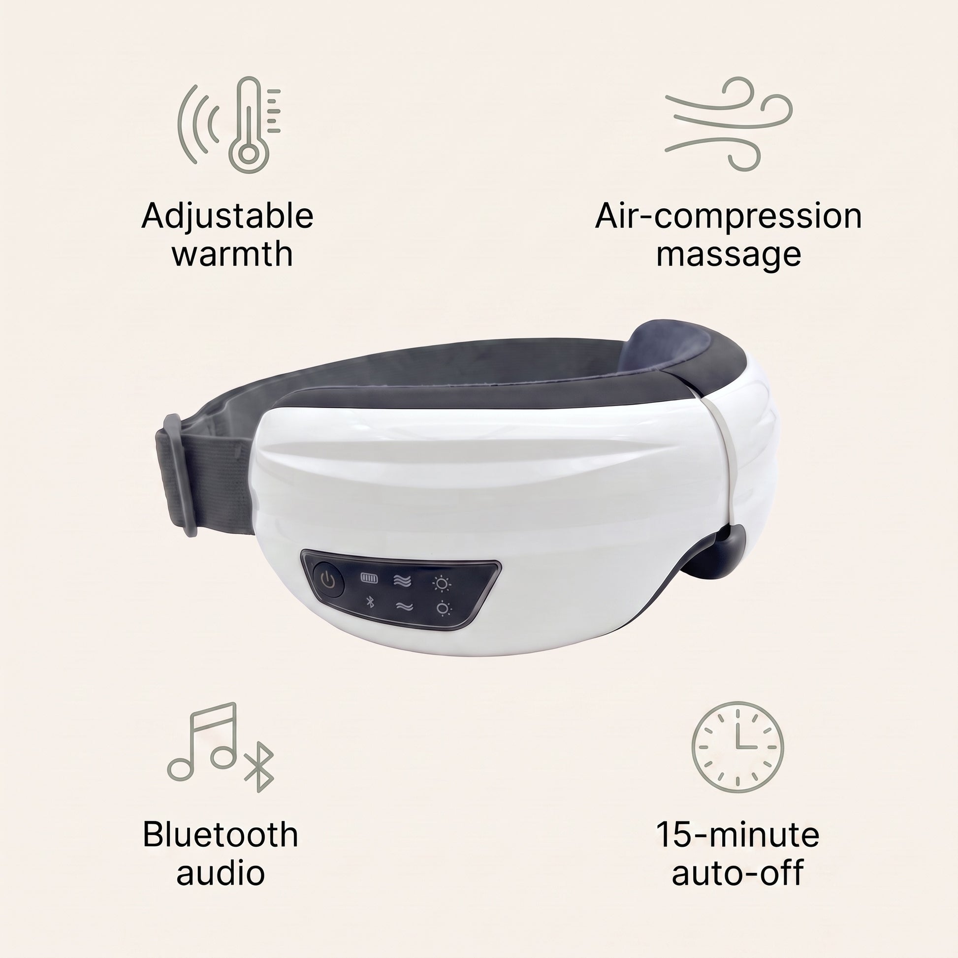 The Velto Heated Eye Massager's key features — adjustable warmth, air-compression massage, Bluetooth audio, rechargeable and foldable