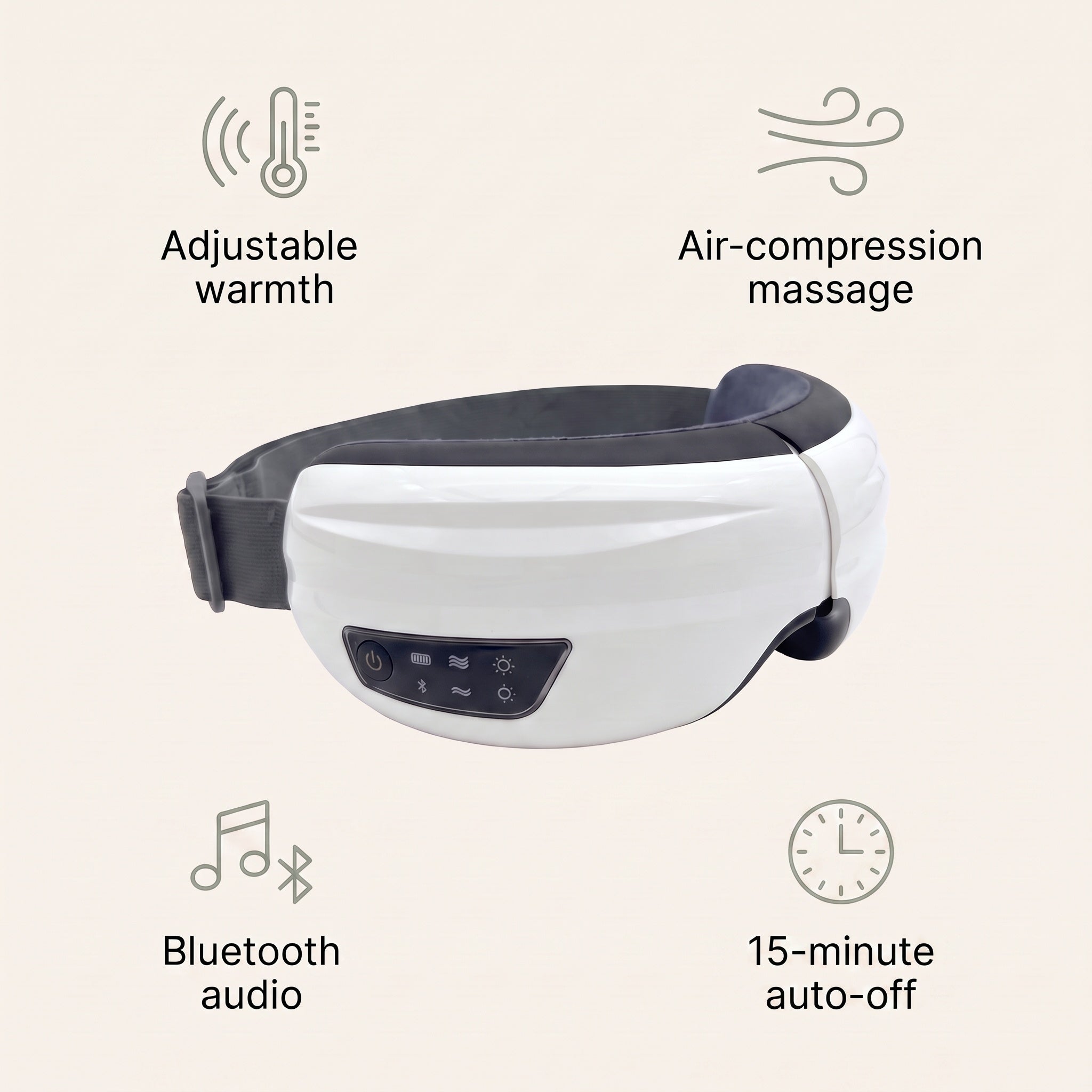 The Velto Heated Eye Massager's key features — adjustable warmth, air-compression massage, Bluetooth audio, rechargeable and foldable