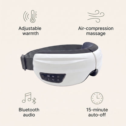 The Velto Heated Eye Massager's key features — adjustable warmth, air-compression massage, Bluetooth audio, rechargeable and foldable