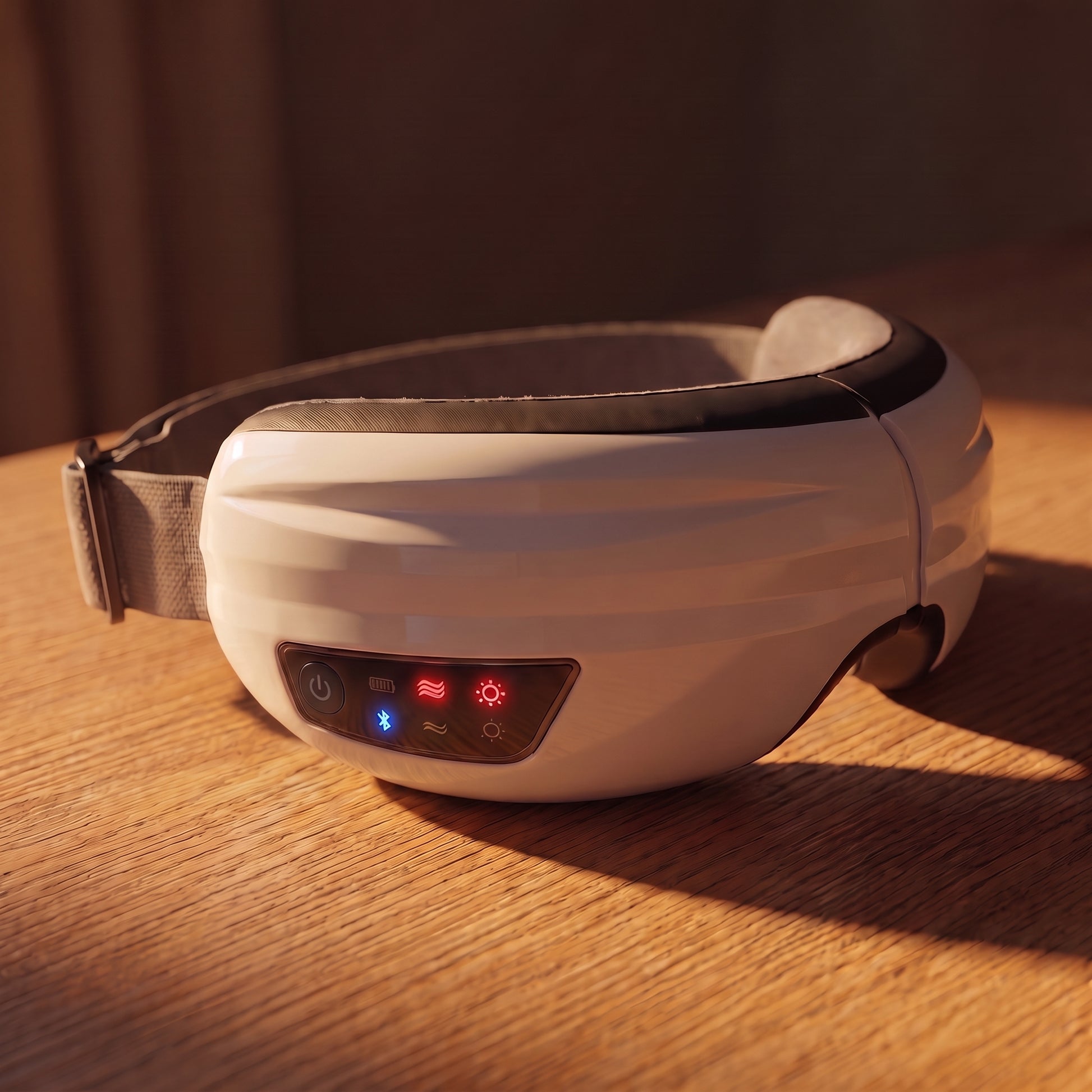 The Velto Heated Eye Massager with its controls lit, in warm evening light