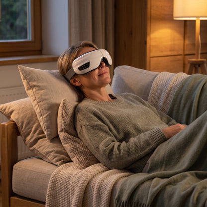 A woman relaxing in soft evening light wearing the Velto Heated Eye Massager