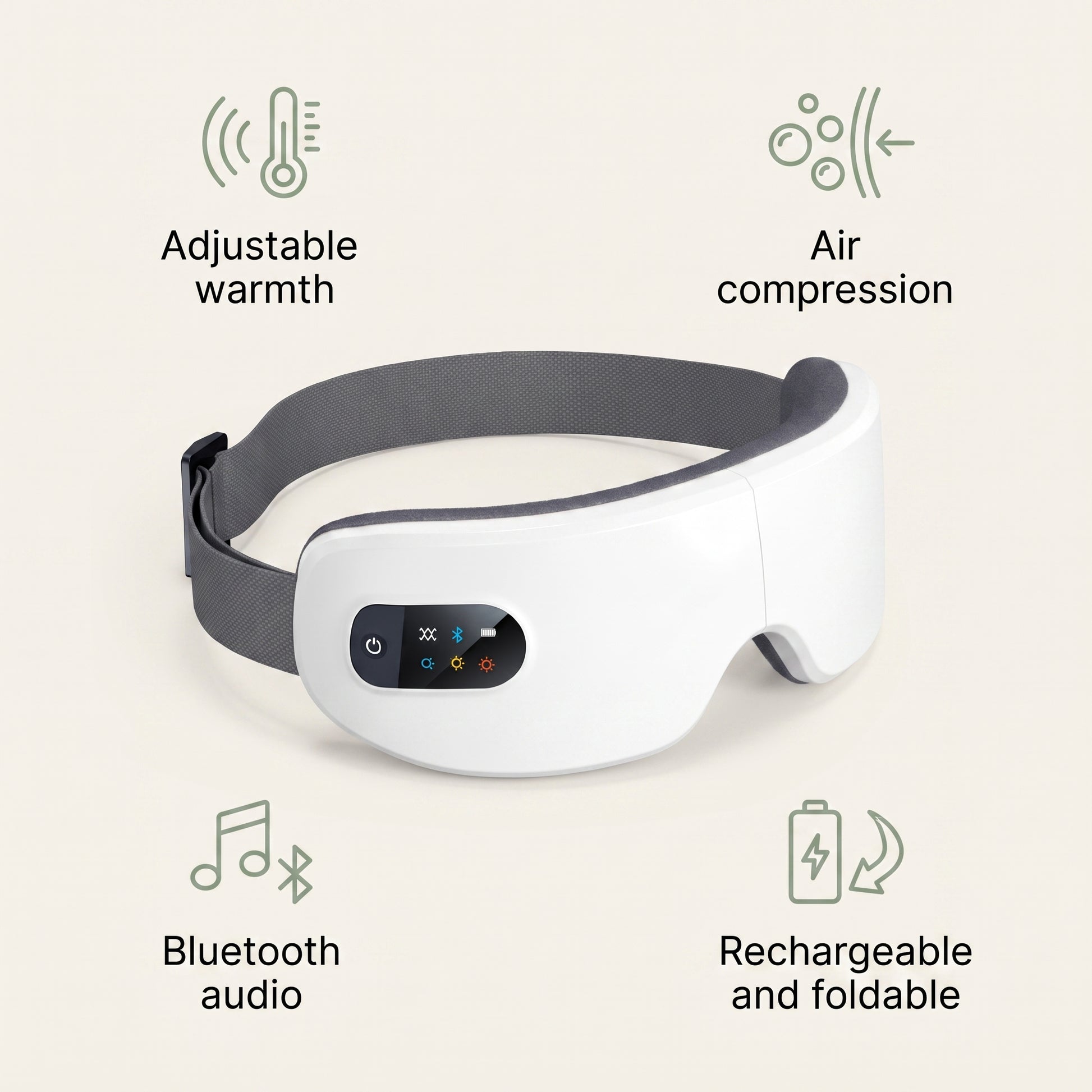 Velto Heated Eye Massager features — adjustable warmth, air compression, Bluetooth audio, rechargeable and foldable