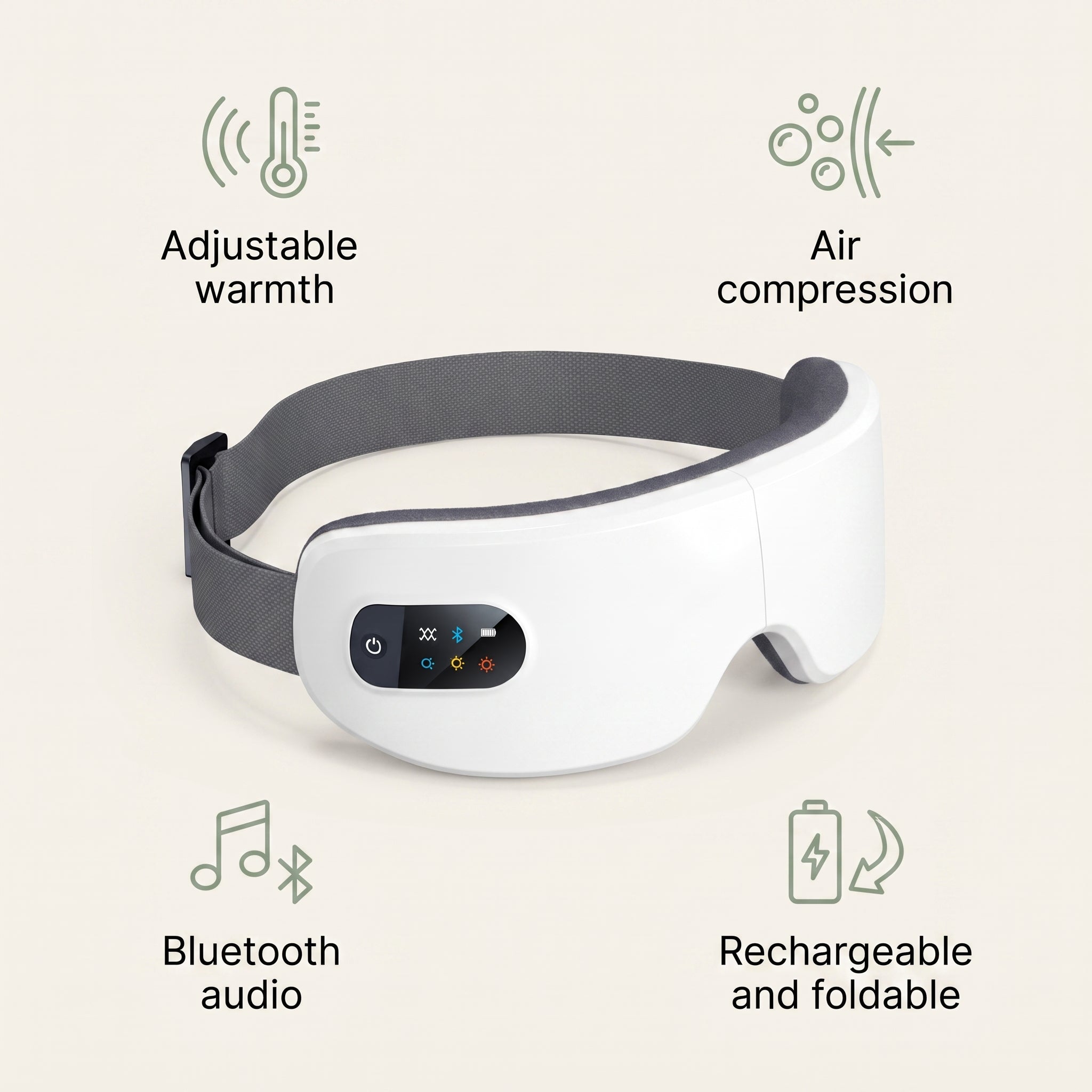 Velto Heated Eye Massager features — adjustable warmth, air compression, Bluetooth audio, rechargeable and foldable