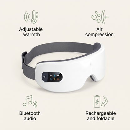 Velto Heated Eye Massager features — adjustable warmth, air compression, Bluetooth audio, rechargeable and foldable