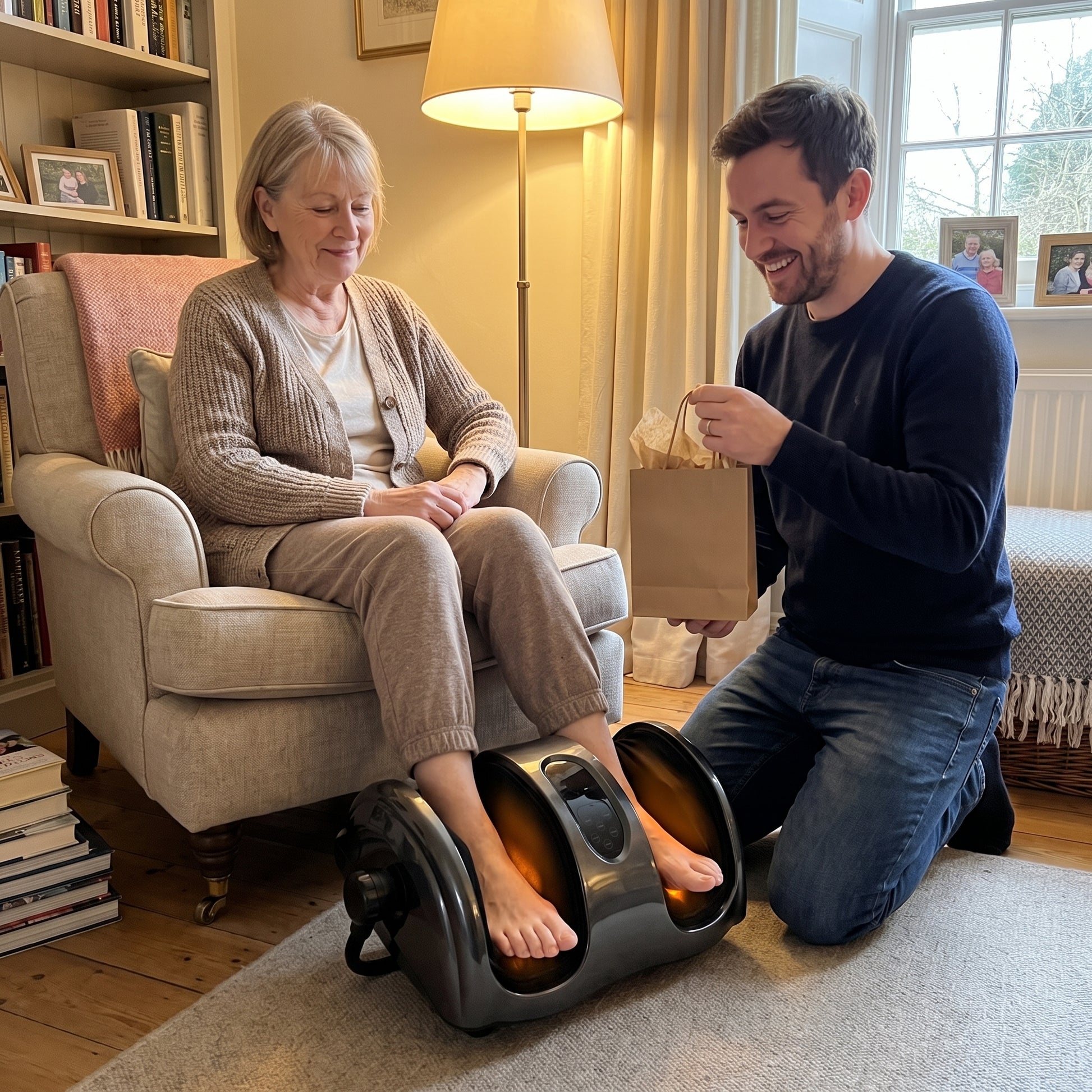 An older adult relaxing with their feet in the Velto foot and calf massager as a thoughtful gift