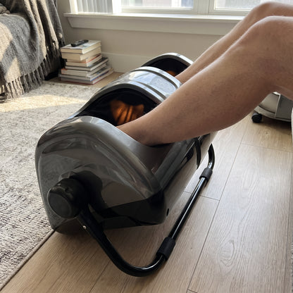 The Velto foot and calf massager tilted up on its bracket to massage the calves