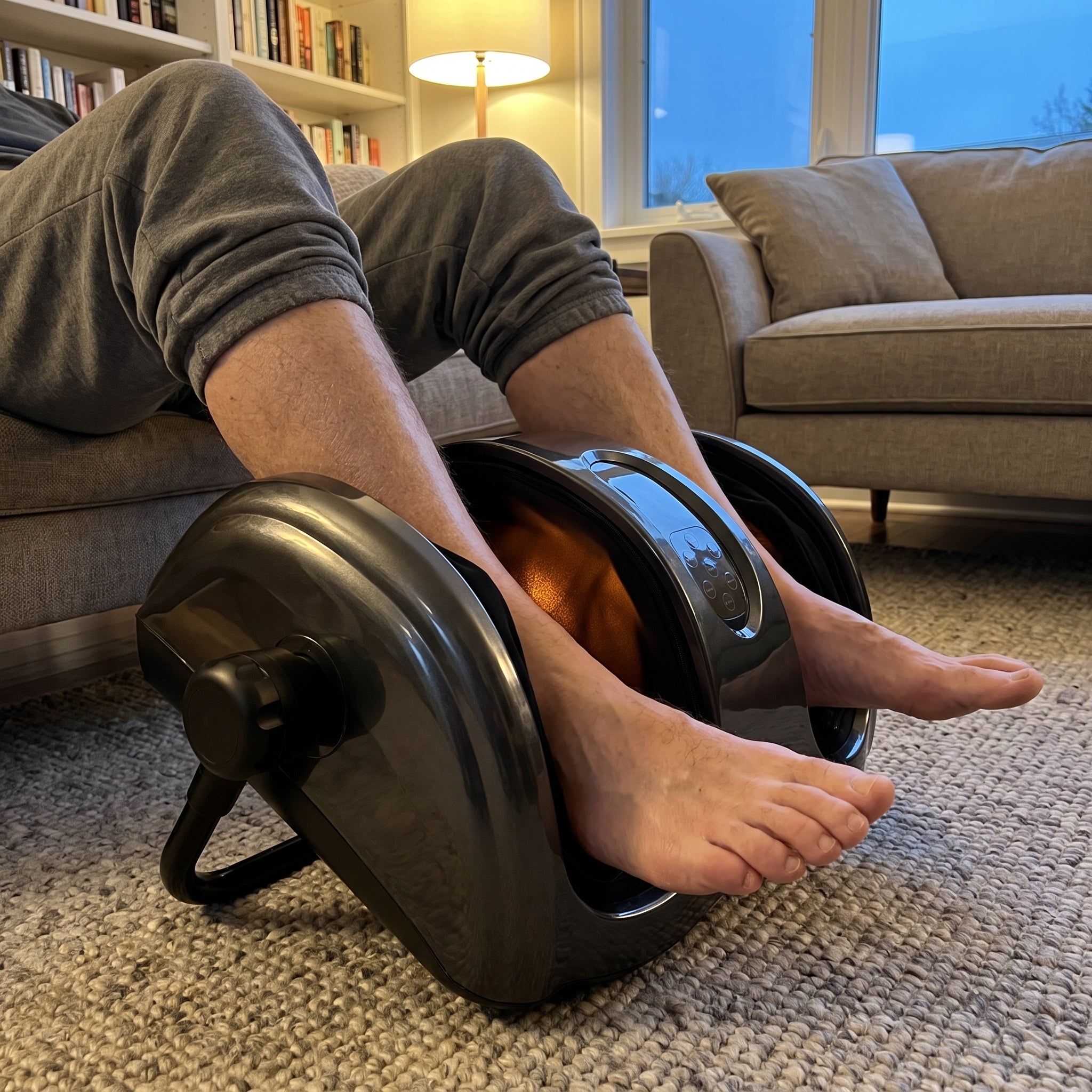 A person relaxing on a sofa in the evening with their feet in the Velto foot and calf massager
