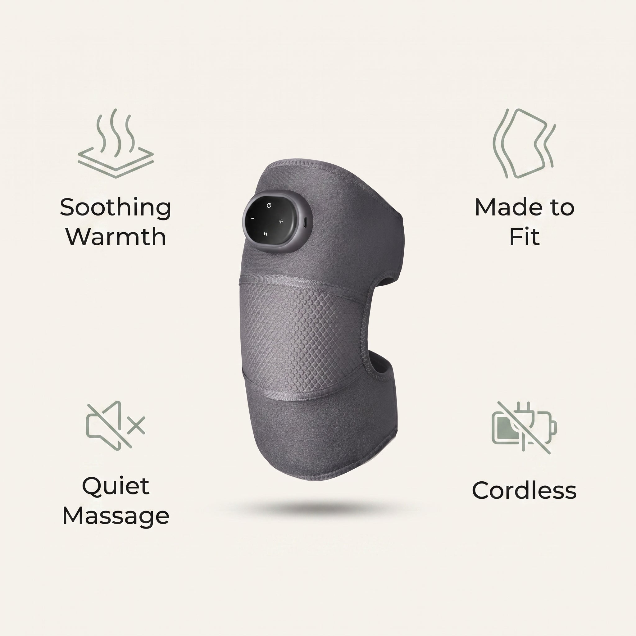 The Velto Heated Knee Massager's key features — adjustable warmth, vibration massage, cordless and made to fit