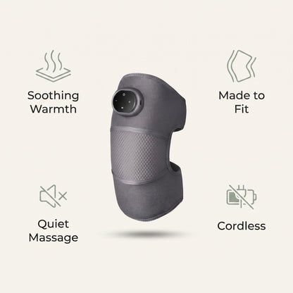 The Velto Heated Knee Massager's key features — adjustable warmth, vibration massage, cordless and made to fit