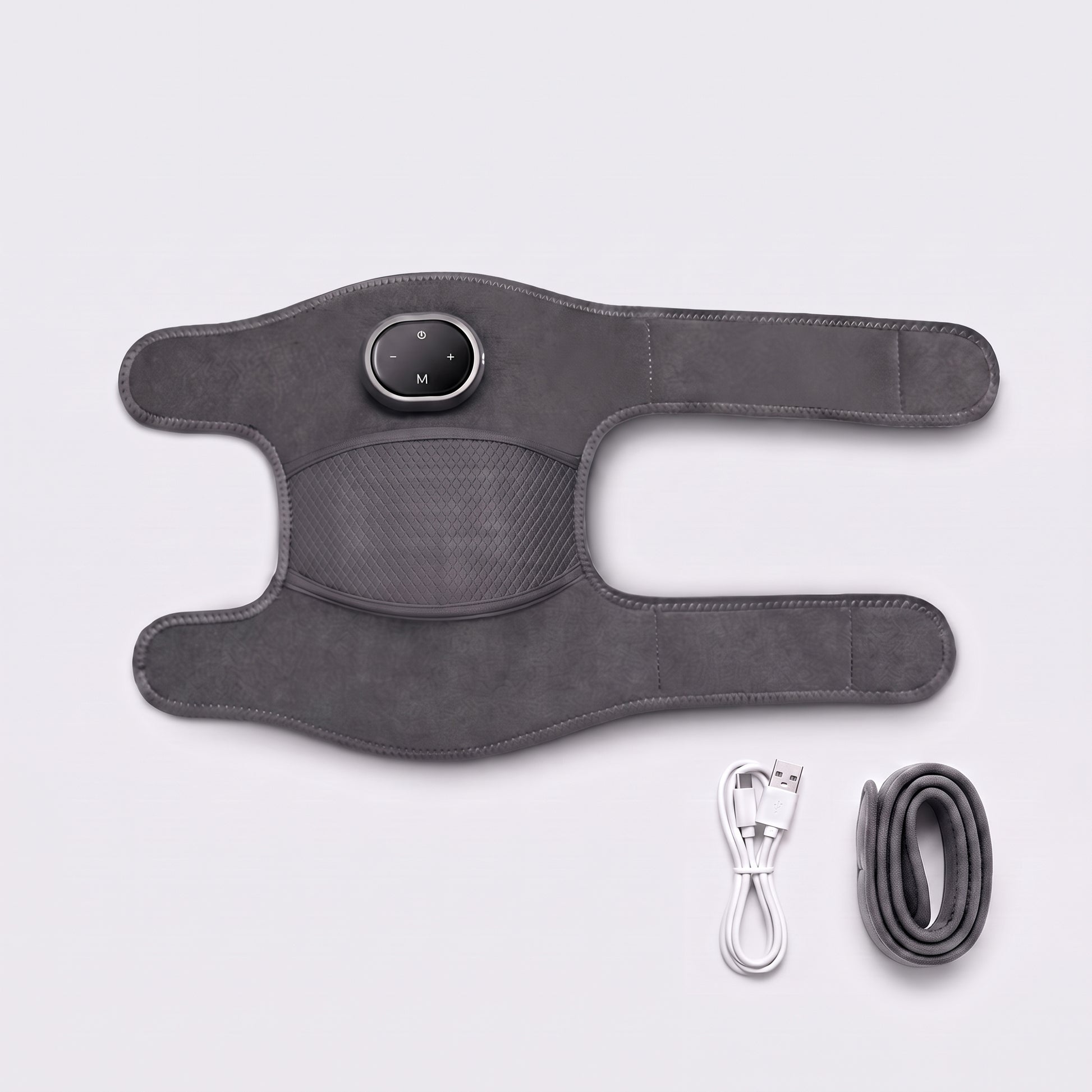 What is included with the Velto Heated Knee Massager — wrap with control unit, USB charging cable and extension strap