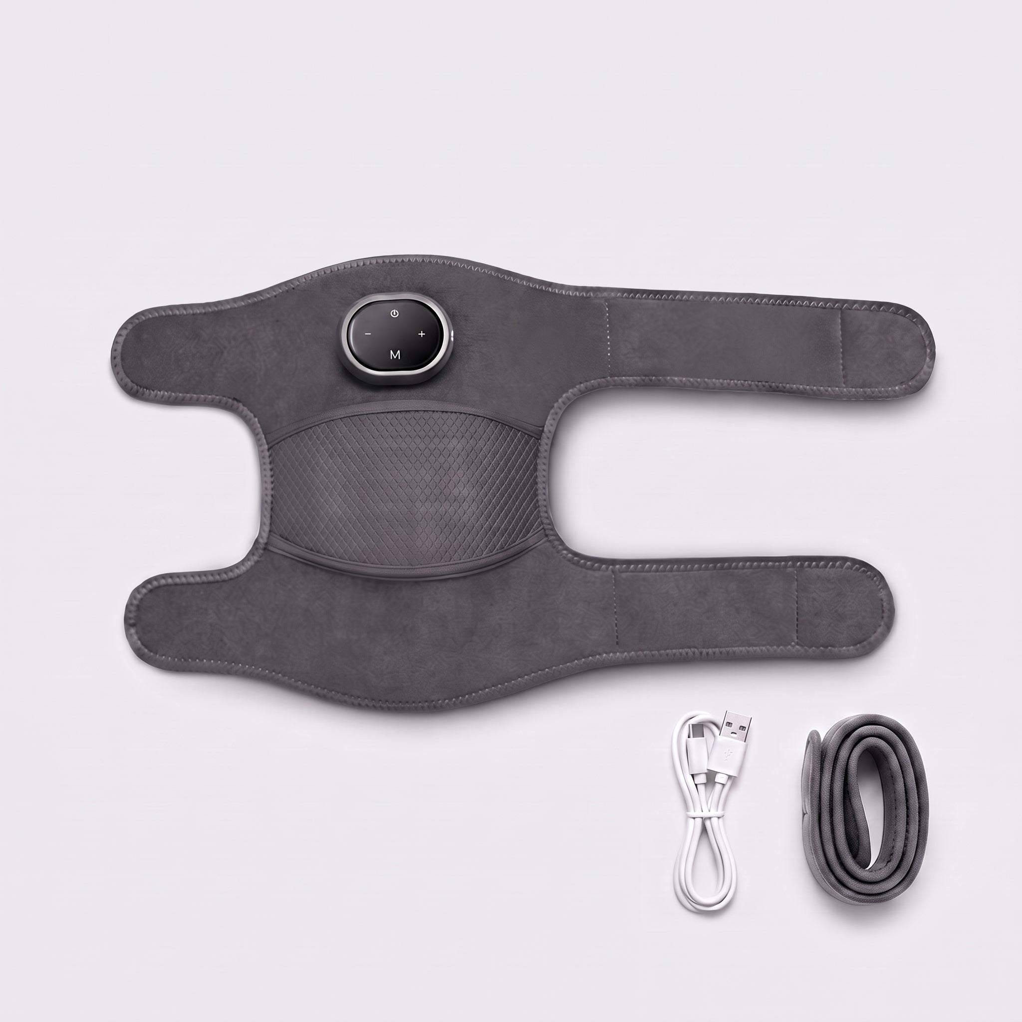 What is included with the Velto Heated Knee Massager — wrap with control unit, USB charging cable and extension strap