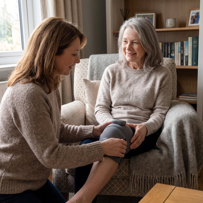 An adult adjusting the Velto Heated Knee Massager on a smiling older parent