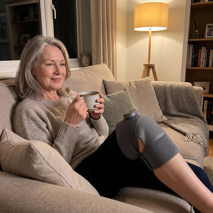 An adult relaxing on a sofa in the evening wearing the Velto Heated Knee Massager