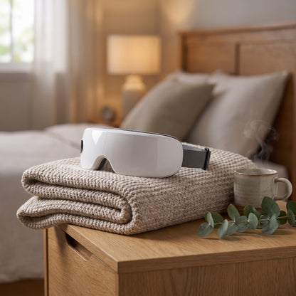 Velto Heated Eye Massager resting on a bedside table