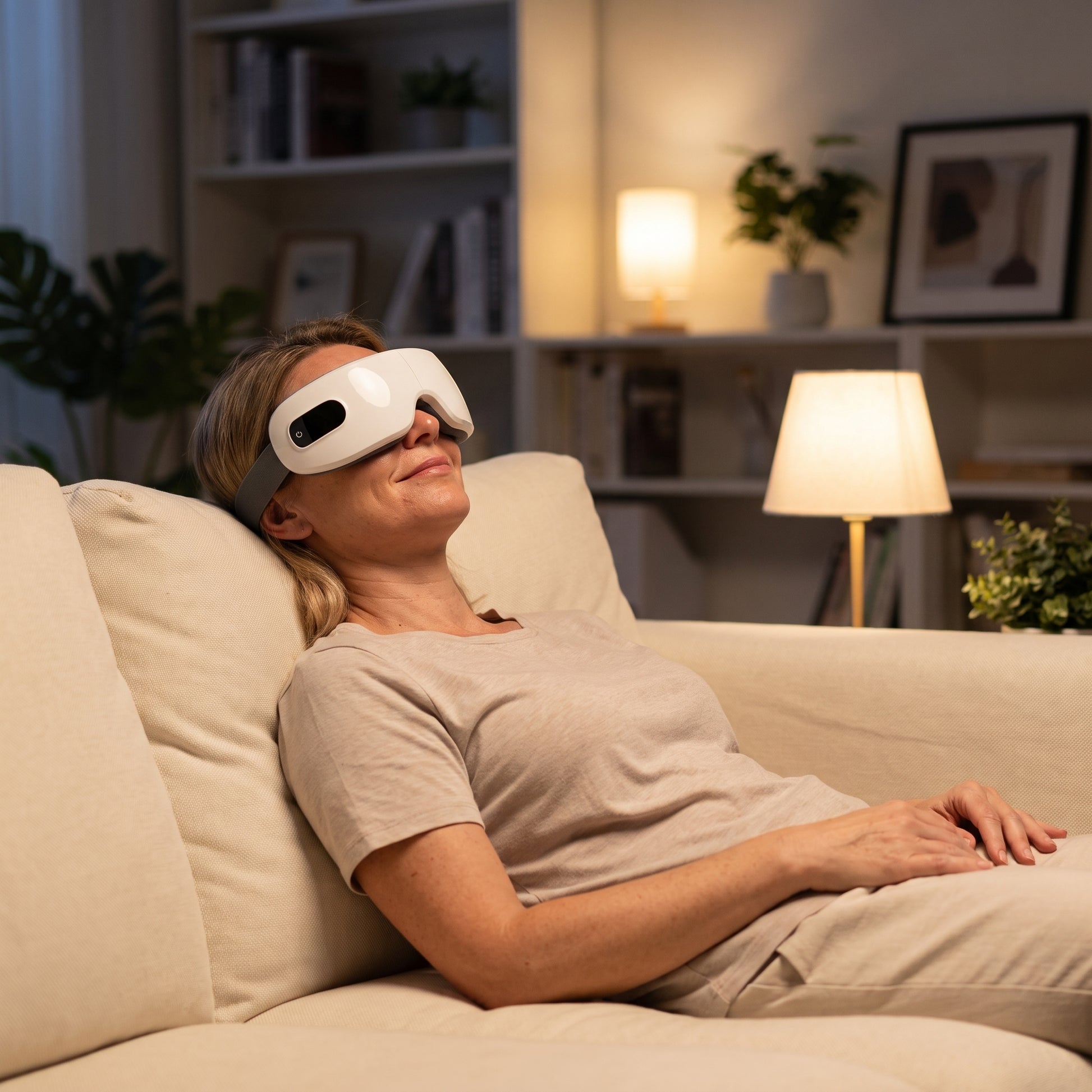 Woman relaxing while wearing the Velto Heated Eye Massager