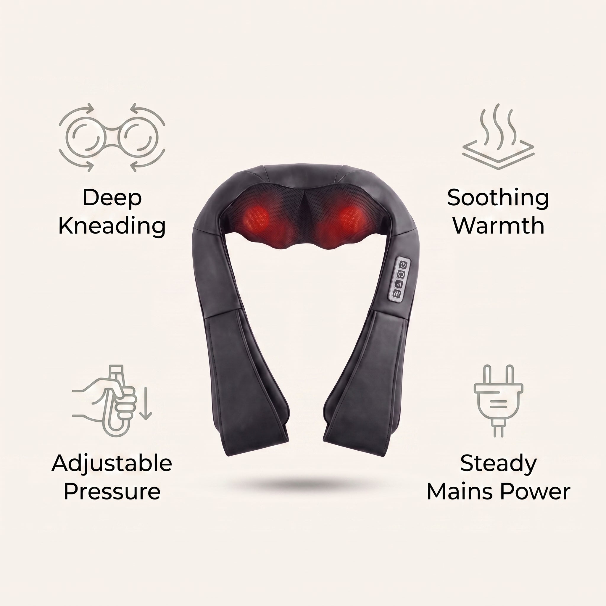 The Velto Neck & Shoulder Massager's key features — deep kneading, soothing heat, 3 speeds and a 15-minute timer