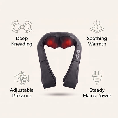 The Velto Neck & Shoulder Massager's key features — deep kneading, soothing heat, 3 speeds and a 15-minute timer