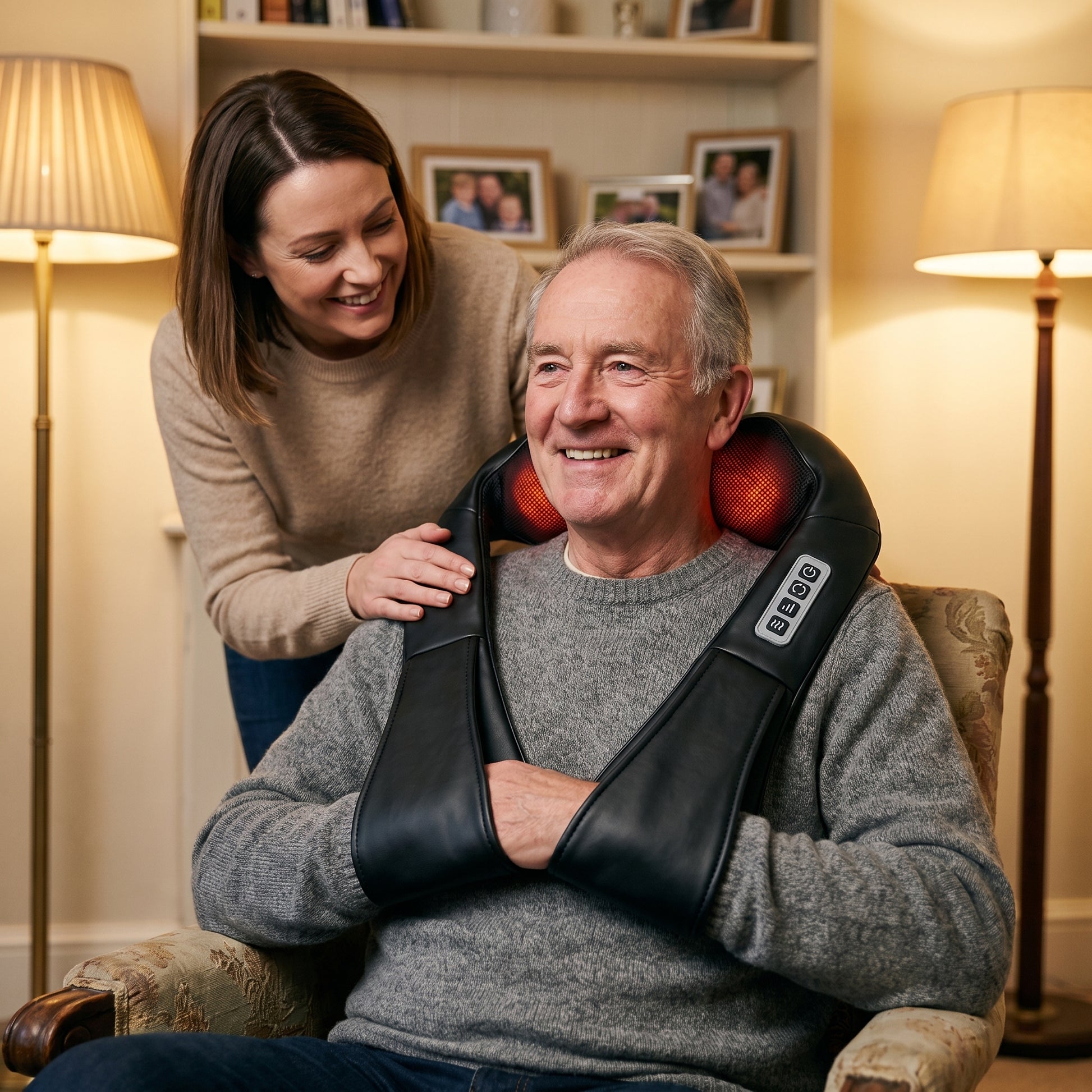 An adult daughter helping her father try the Velto Neck & Shoulder Massager