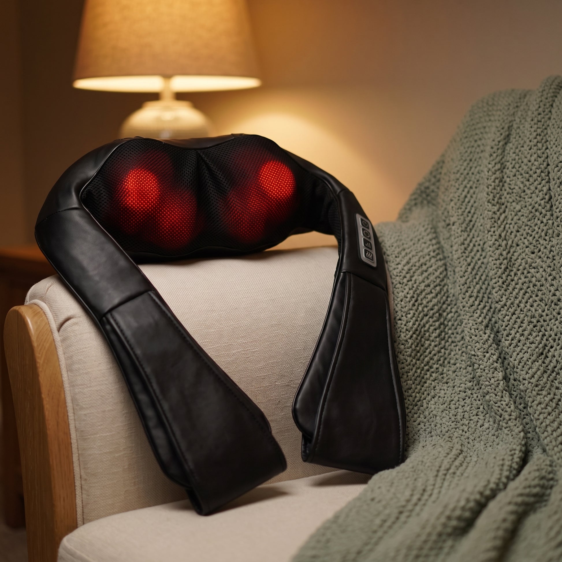 The Velto Neck & Shoulder Massager resting on a sofa in the evening with its warmth glowing through the mesh