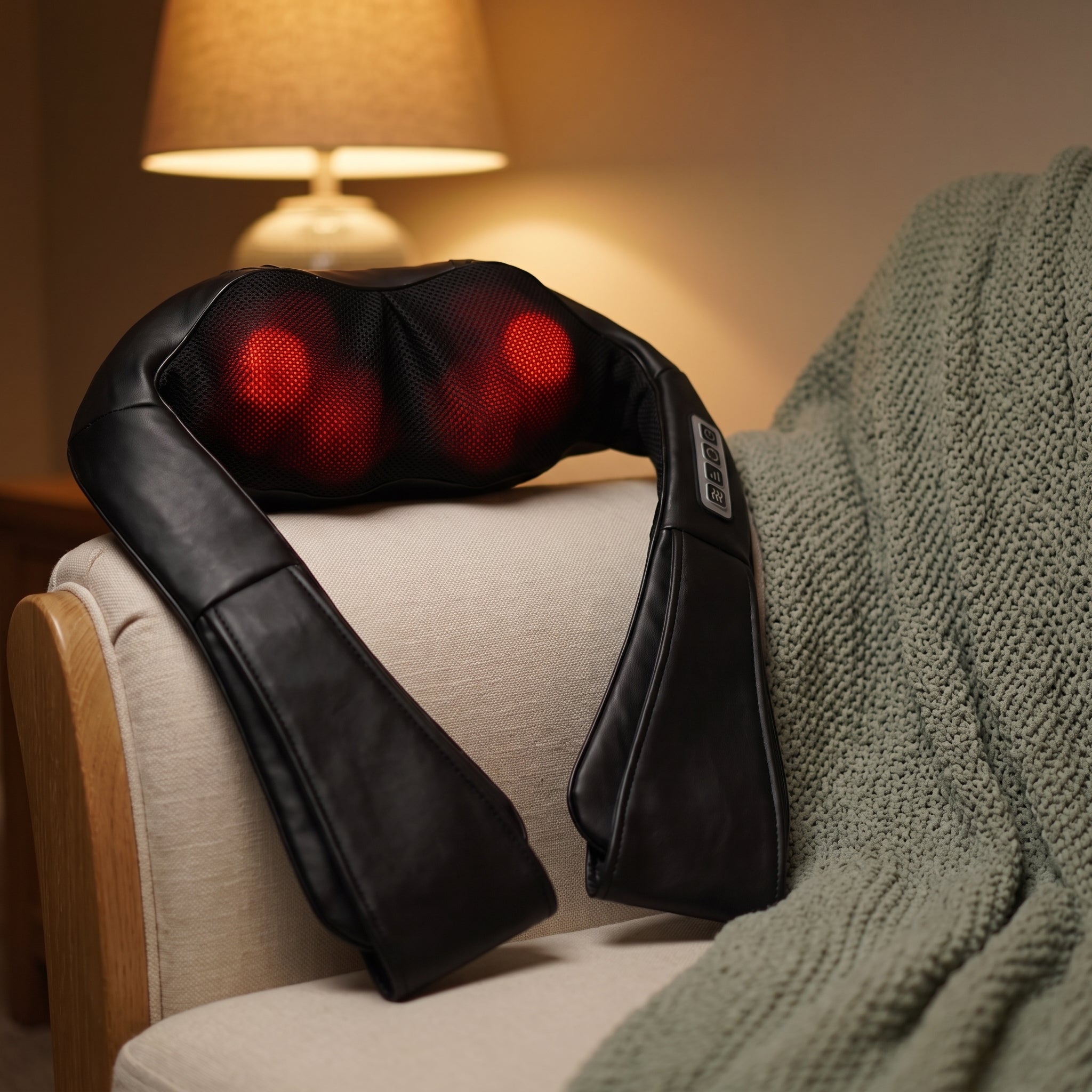 The Velto Neck & Shoulder Massager resting on a sofa in the evening with its warmth glowing through the mesh