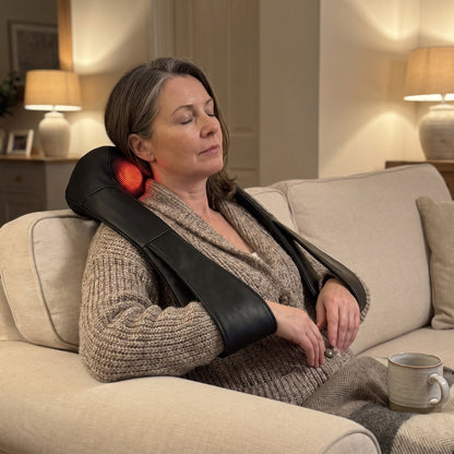 A woman unwinding on the sofa in the evening wearing the Velto Neck & Shoulder Massager